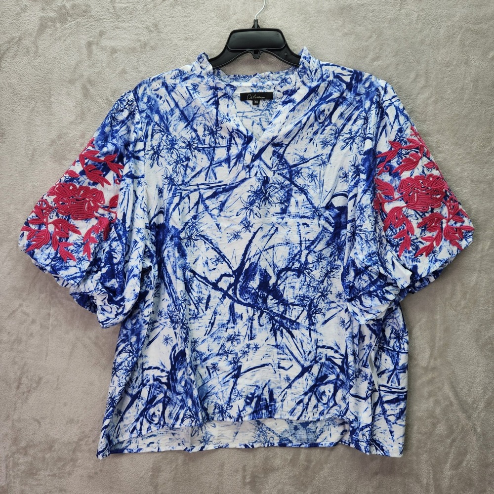 Calessa Tunic Womens Plus 2X Blue White‎ Embroidered Short Sleeve V Neck Top New